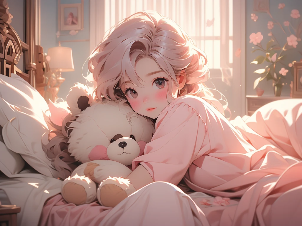 a close up of a bed with a teddy bear on it, a pastel by Arthur Pan, flickr, baroque, with soft pink colors, soft!!, dreamy soft, cozy bed, very comfy, very comfy], soft cute colors, pale, large comfy bed, light pink tonalities, bed, lovely, tufted softly, heaven pink, satin, comfy, dreamy