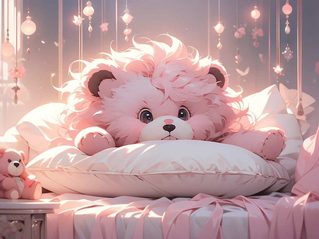 a close up of a bed with a teddy bear on it, with soft pink colors, soft!!, dreamy soft, cozy bed, very comfy, very comfy], soft cute colors, pale, large comfy bed, light pink tonalities, lovely, bed, tufted softly, heaven pink, satin, comfy, dreamy, soft. high quality, dainty