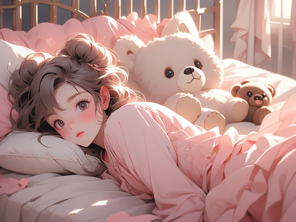 a close up of a bed with a teddy bear on it, with soft pink colors, soft!!, dreamy soft, cozy bed, very comfy, very comfy], soft cute colors, pale, large comfy bed, light pink tonalities, lovely, bed, tufted softly, heaven pink, satin, comfy, dreamy, soft. high quality, dainty