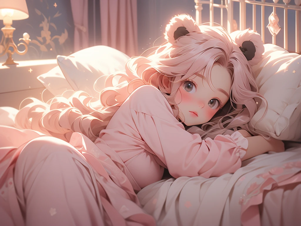 a close up of a bed with a teddy bear on it, with soft pink colors, soft!!, dreamy soft, cozy bed, very comfy, very comfy], soft cute colors, pale, large comfy bed, light pink tonalities, lovely, bed, tufted softly, heaven pink, satin, comfy, dreamy, soft. high quality, dainty