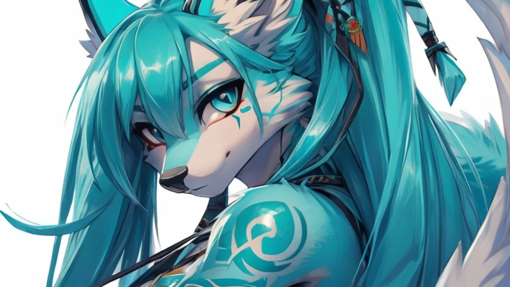 Miku Hatsune, add high definition_detail:1, blue fur,kitsune ears, tribal tattoo add_detail:1