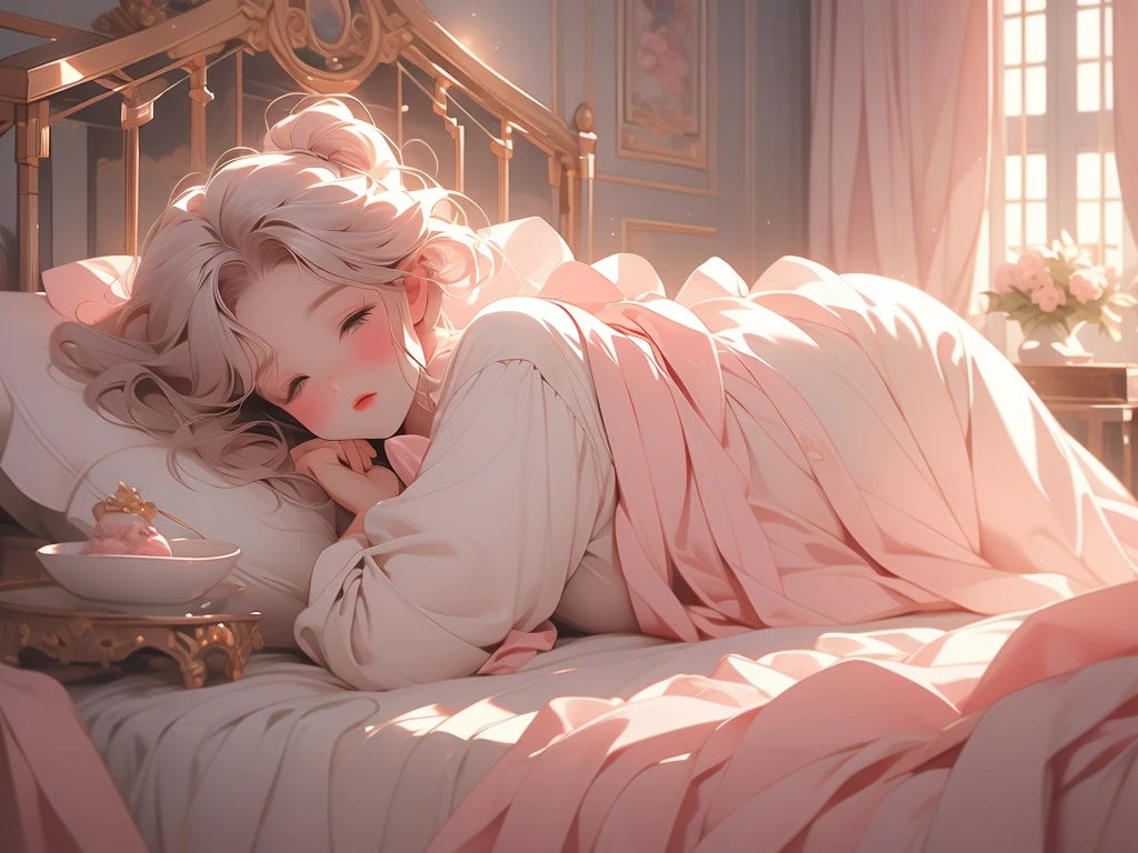 a close up of a bed with a teddy bear on it, with soft pink colors, soft!!, dreamy soft, cozy bed, very comfy, very comfy], soft cute colors, pale, large comfy bed, light pink tonalities, lovely, bed, tufted softly, heaven pink, satin, comfy, dreamy, soft. high quality, dainty