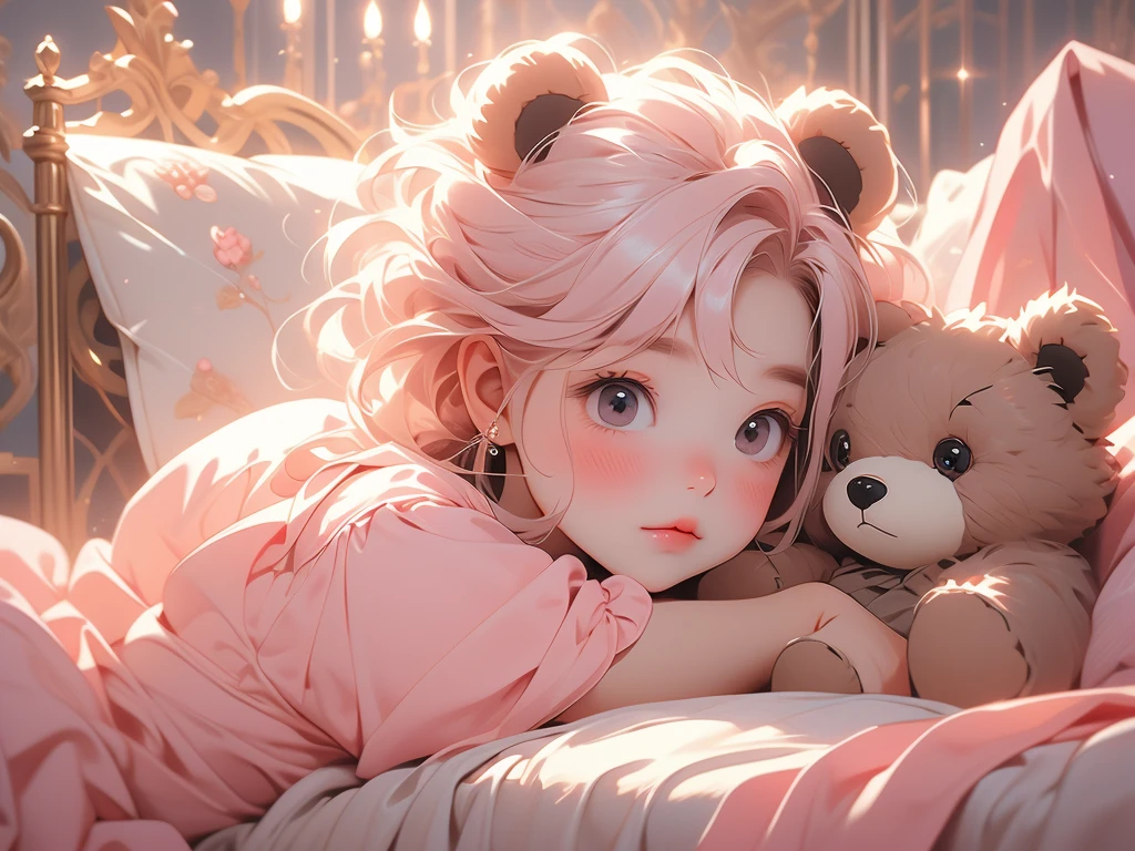 a close up of a bed with a teddy bear on it, with soft pink colors, soft!!, dreamy soft, cozy bed, very comfy, very comfy], soft cute colors, pale, large comfy bed, light pink tonalities, lovely, bed, tufted softly, heaven pink, satin, comfy, dreamy, soft. high quality, dainty