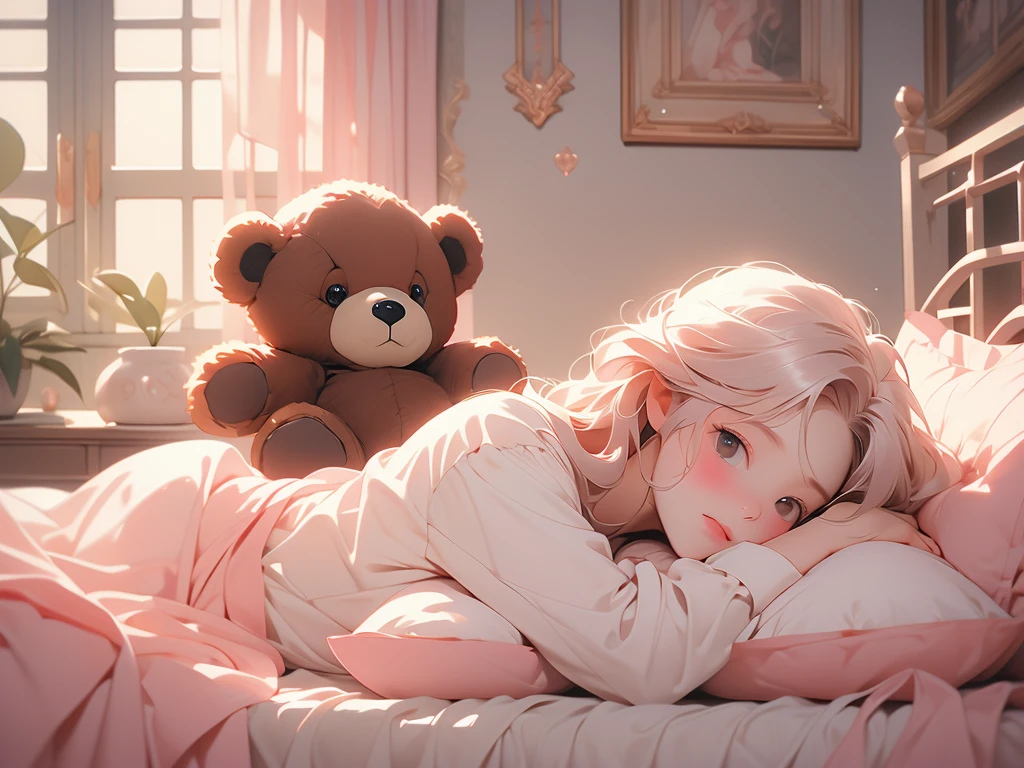 a close up of a bed with a teddy bear on it, with soft pink colors, soft!!, dreamy soft, cozy bed, very comfy, very comfy], soft cute colors, pale, large comfy bed, light pink tonalities, lovely, bed, tufted softly, heaven pink, satin, comfy, dreamy, soft. high quality, dainty