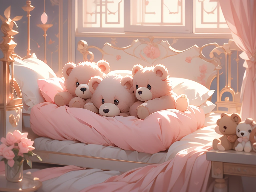 a close up of a bed with a teddy bear on it, with soft pink colors, soft!!, dreamy soft, cozy bed, very comfy, very comfy], soft cute colors, pale, large comfy bed, light pink tonalities, lovely, bed, tufted softly, heaven pink, satin, comfy, dreamy, soft. high quality, dainty