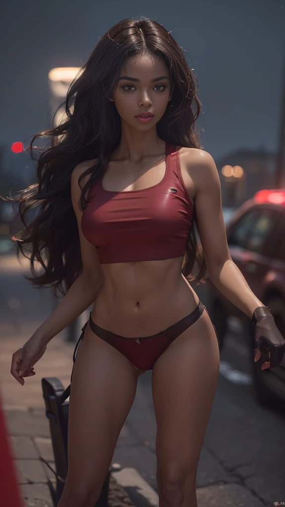 ((Realistic lighting, Best quality, 8K, Masterpiece: 1.3)), ((Clear focus: 1.2)), 1 girl, ((Perfect Figure: 1.4)), ((Slim Abs: 1.1)), See through, tight clothing, ((african, dark skin, tanned brunette girl, wavy hair)), (panties: 1.4), (Red crop top: 1.4), (Outdoor, Night: 1.1), City streets, Super fine face, Fine eyes, Double eyelids,