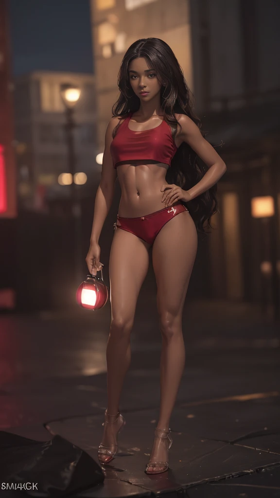 ((Realistic lighting, Best quality, 8K, Masterpiece: 1.3)), ((Clear focus: 1.2)), 1 girl, ((Perfect Figure: 1.4)), ((Slim Abs: 1.1)), See through, tight clothing, ((african, dark skin, tanned brunette girl, wavy hair)), (panties: 1.4), (Red crop top: 1.4), (Outdoor, Night: 1.1), City streets, Super fine face, Fine eyes, Double eyelids,