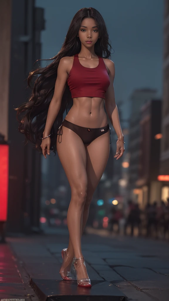 ((Realistic lighting, Best quality, 8K, Masterpiece: 1.3)), ((Clear focus: 1.2)), 1 girl, ((Perfect Figure: 1.4)), ((Slim Abs: 1.1)), See through, tight clothing, ((african, dark skin, tanned brunette girl, wavy hair)), (panties: 1.4), (Striped crop top: 1.4), (Outdoor, Night: 1.1), City streets, Super fine face, Fine eyes, Double eyelids,