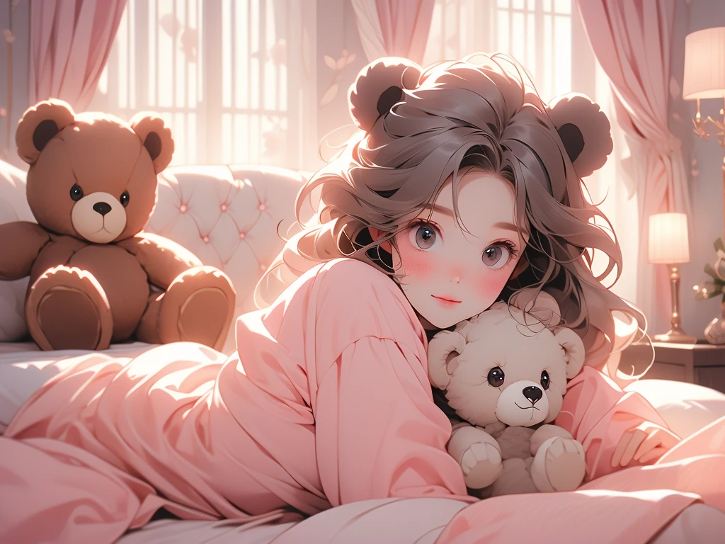 a close up of a bed with a teddy bear on it, with soft pink colors, soft!!, dreamy soft, cozy bed, very comfy, very comfy], soft cute colors, pale, large comfy bed, light pink tonalities, lovely, bed, tufted softly, heaven pink, satin, comfy, dreamy, soft. high quality, dainty