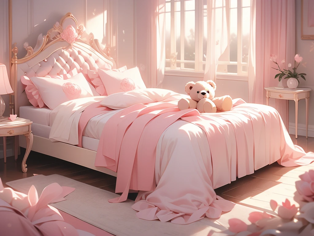 a close up of a bed with a teddy bear on it, with soft pink colors, soft!!, dreamy soft, cozy bed, very comfy, very comfy], soft cute colors, pale, large comfy bed, light pink tonalities, lovely, bed, tufted softly, heaven pink, satin, comfy, dreamy, soft. high quality, dainty