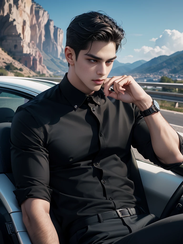 handsome young man,no beard,Approximately 26 years old,A deep and charming face,The perfect black shirt,black pants,Wear a watch,Overbearing president,High quality,Details of the road backdrop