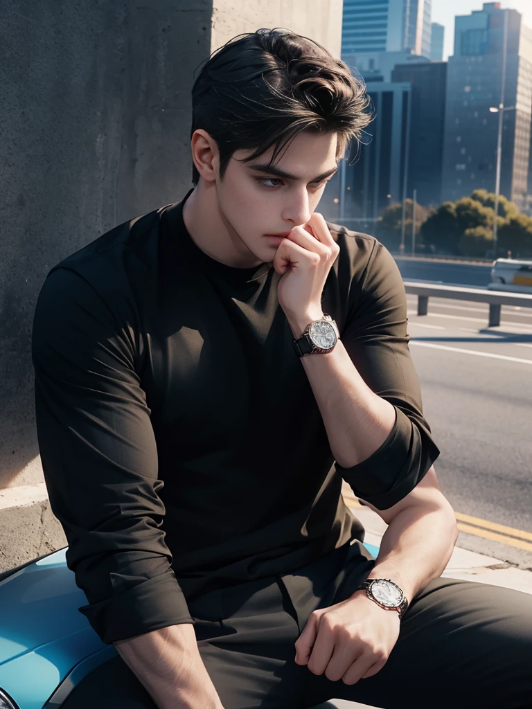 handsome young man,no beard,Approximately 26 years old,A deep and charming face,The perfect black shirt,black pants,Wear a watch,Overbearing president,High quality,Details of the road backdrop