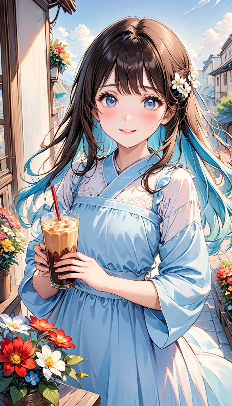masterpiece, best quality, Extremely detailed, (illustration, Official Art:1.1), 1 girl ,(((( light blue Long hair)))), ,(((( light blue Long hair)))),Brown hair, ,20 years old, Long hair ((blush)) , Cute face, big eyes, masterpiece, best quality,(((((a very delicate and beautiful girl))))),Astonishing,Beautiful and delicate eyes,Bangs((((little delicate girl)))),puppet(so beautiful:1.2), Depth Perception,Dynamic Angle,,,, Smile affectionately, (so beautiful:1.2),,(tiny 1girl model:1.2),)(flat chest),girl,(Open-air terrace cafe),(Beautiful and colorful flowers displayed outdoors.),,(Caramel drink),(Close-up of face:1.1),a happy expression、Shy