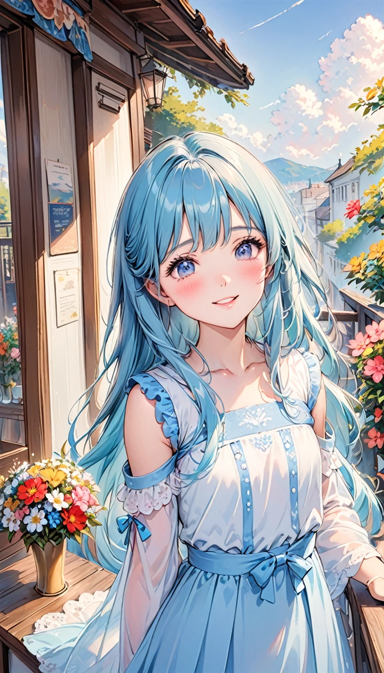 masterpiece, best quality, Extremely detailed, (illustration, Official Art:1.1), 1 girl ,(((( light blue Long hair)))), ,(((( light blue Long hair)))),Brown hair, ,20 years old, Long hair ((blush)) , Cute face, big eyes, masterpiece, best quality,(((((a very delicate and beautiful girl))))),Astonishing,Beautiful and delicate eyes,Bangs((((little delicate girl)))),puppet(so beautiful:1.2), Depth Perception,Dynamic Angle,,,, Smile affectionately, (so beautiful:1.2),,(tiny 1girl model:1.2),)(flat chest),girl,(Open-air terrace cafe),(Beautiful and colorful flowers displayed outdoors.),,(Caramel drink),(Close-up of face:1.1),a happy expression、Shy
