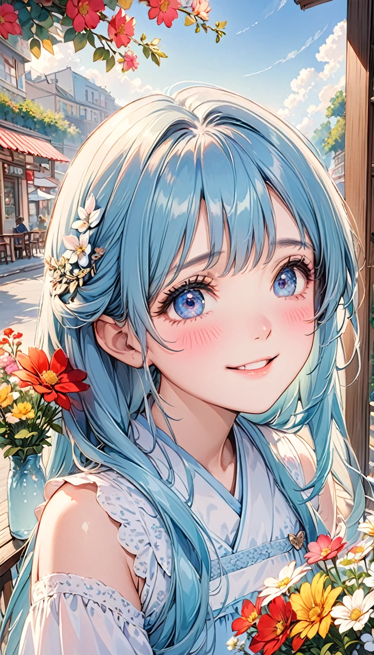 masterpiece, best quality, Extremely detailed, (illustration, Official Art:1.1), 1 girl ,(((( light blue Long hair)))), ,(((( light blue Long hair)))),Brown hair, ,20 years old, Long hair ((blush)) , Cute face, big eyes, masterpiece, best quality,(((((a very delicate and beautiful girl))))),Astonishing,Beautiful and delicate eyes,Bangs((((little delicate girl)))),puppet(so beautiful:1.2), Depth Perception,Dynamic Angle,,,, Smile affectionately, (so beautiful:1.2),,(tiny 1girl model:1.2),)(flat chest),girl,(Open-air terrace cafe),(Beautiful and colorful flowers displayed outdoors.),,(Caramel drink),(Close-up of face:1.1),a happy expression、Shy
