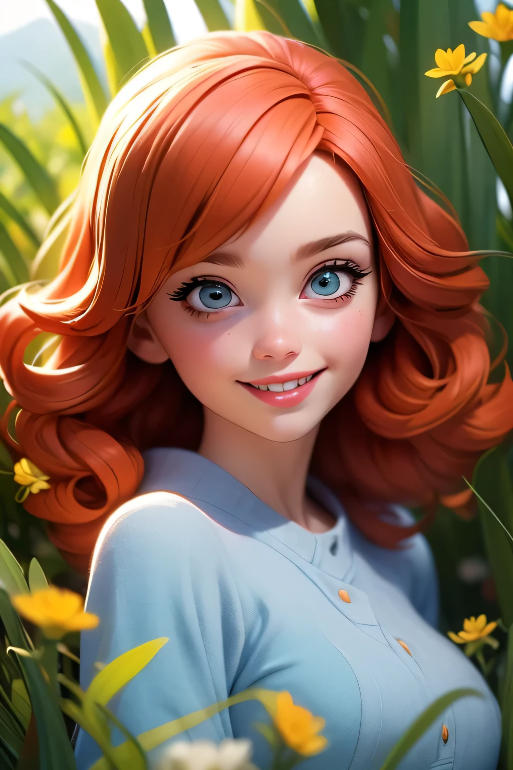 (best quality, 4k, 8k, highres, masterpiece:1.2), ultra-detailed, (realistic, photorealistic, photo-realistic:1.37), playful, cartoon, girl, cute smile, red hair, outdoor, 3d rendering, beautiful detailed eyes, beautiful detailed lips, extremely detailed eyes and face, longeyelashes, colourful, soft lighting, summer scenery, green grass, lively atmosphere