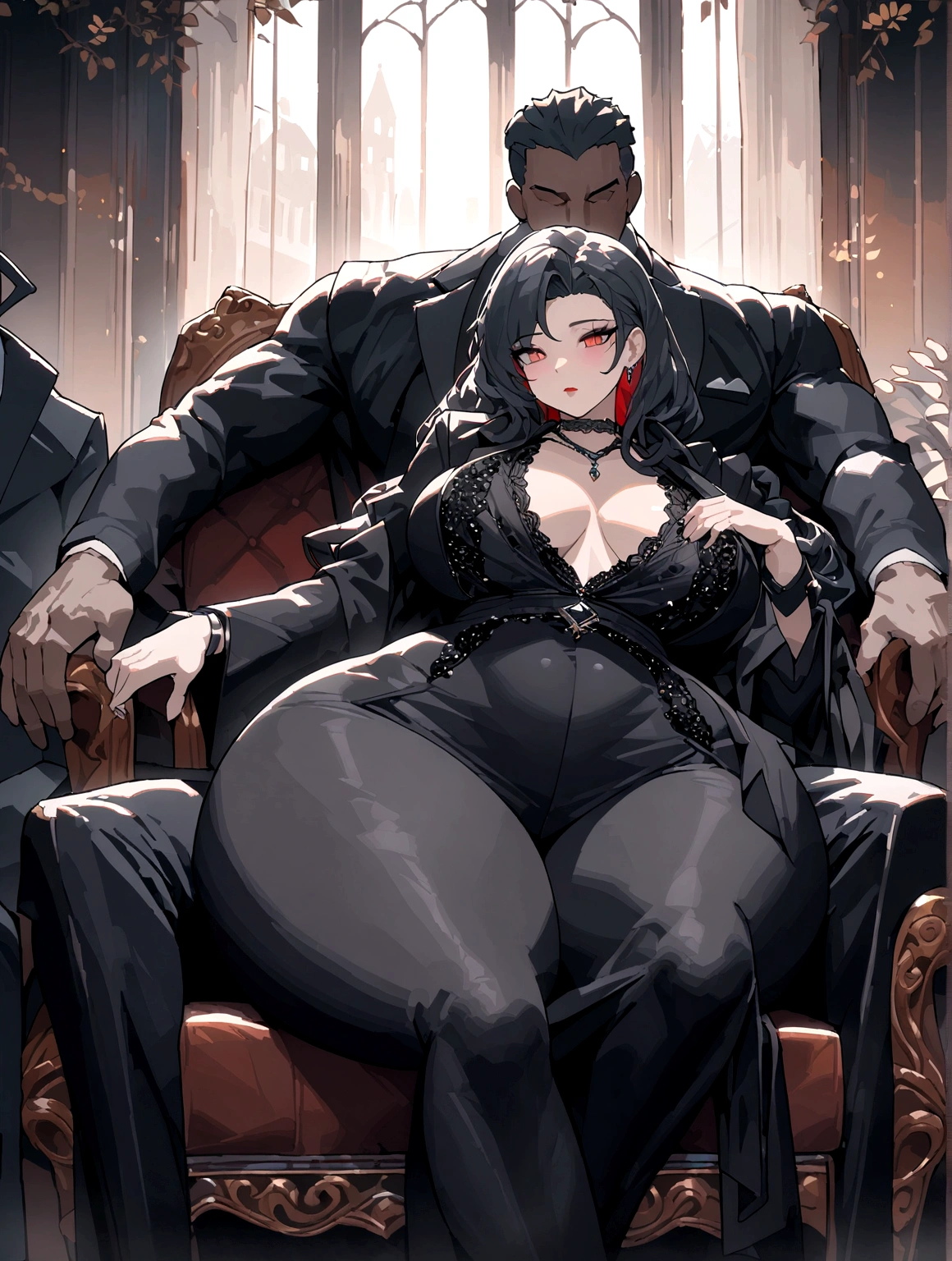 couple, (woman, huge , huge butt, black dress suit), (man, medium muscles, black suit), sitting, chair, mansion interior, 2d, masterpiece, best quality, extremely detailed:1.3