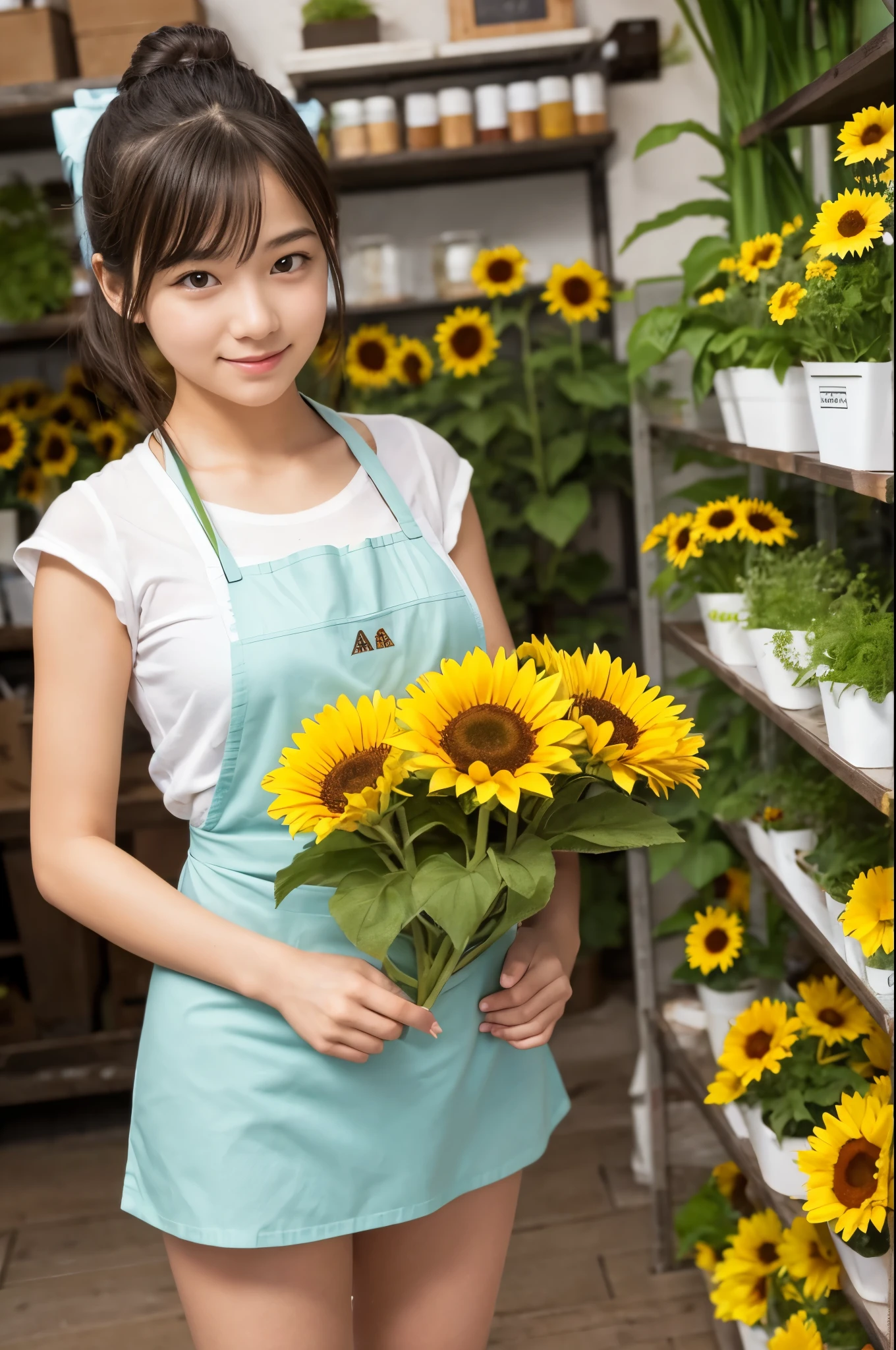 A 20-year-old girl working at a flower shop(Wearing a miniskirt and apron)have a sunflower