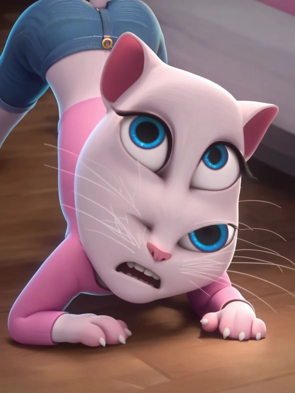 solo focus, a_la, 1girl, cat, white fur, long whiskers on both sides of face, large bright blue eyes, large black eyelashes, small pink nose, triangular ears with pink channels, jack-o pose, short jeans, looking back, score_9, score_8_up, score_7_up, fucking