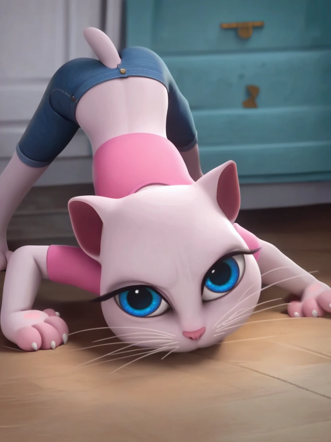 solo focus, a_la, 1girl, cat, white fur, long whiskers on both sides of face, large bright blue eyes, large black eyelashes, small pink nose, triangular ears with pink channels, jack-o pose, short jeans, looking back, score_9, score_8_up, score_7_up, fucking 