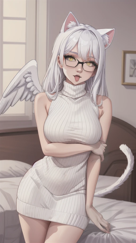 A 20-year-old female angel with long, white hair, yellow eyes, white cat ears, and large white angel wings. yellow halo ring round white glasses (White halter turtleneck sweater, white purekiller sweater, sleeveless, sexy backless sweater, white dress) White arm warmers, stick out tongue, bedroom