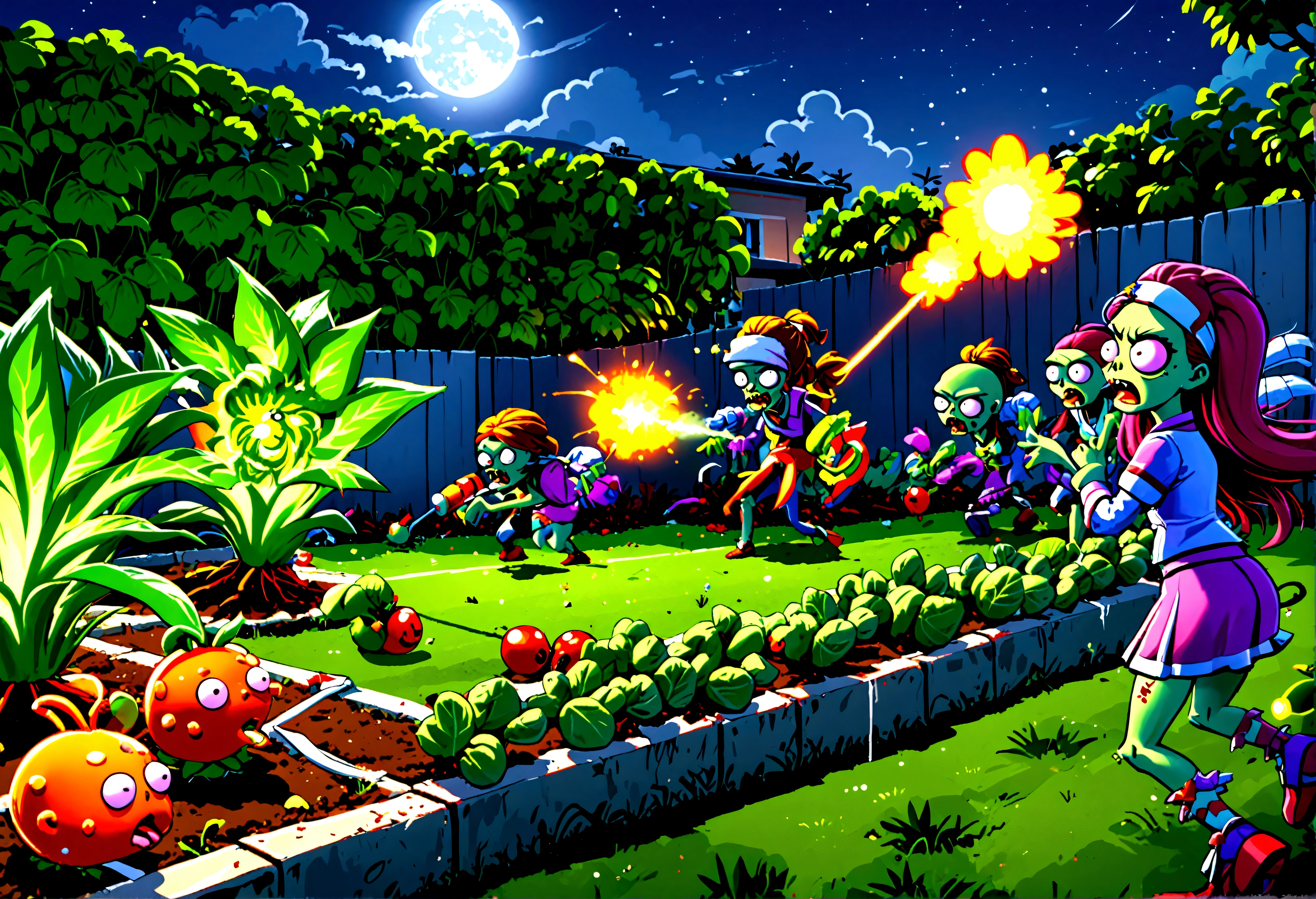 (16 bit video game) cartoonish battle field (Noble vegetable army) shoots at the charging zombie horde. Back yard garden, moonlit night, epic battle plants vs. zombies