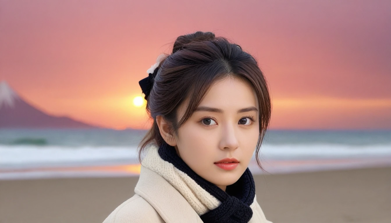 8K, 超high resolution, best quality, masterpiece, surreal, painting,A three-part method, 성숙한 1 woman, (16 years old:1.3), Pretty Woman, Cute face, Beautiful Eyes in Every Detail,Japanese female announcer,(wearing a long winter coat and scarf、Close-up of thin black double-sided updo:1.5)、(The girl turned around with a very sad expression., Her hair blowing in the wind on a winter beach:1.5)、(blurred background:1.5)、(red sky at sunset:1.5)、(complete anatomy:1.5)、(full hand:1.3)、(full finger:1.3)、realistic、生painting、tabletop、best quality、high resolution、delicate and beautiful、perfect face、beautiful details、fair skin、real human skin、((thin legs))、bold pose,Super cute supermodel、Please look closely at the camera 、vivid details、detailed、surreal、빛과 painting자,strong light,fashion magazine cover,thin lips, Short hair,1 woman, up to the waist