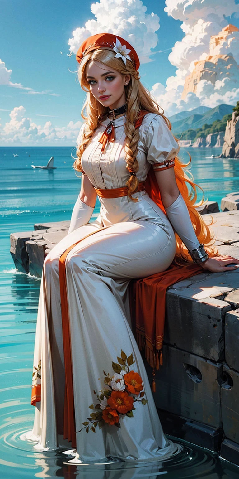 1girl, outdoors, solo, flower, blue eyes, long hair, looking at viewer, long dress, hat, ocean, dress, sitting, white flower, sky, bug, hat flower, day, bangs, butterfly, water, long sleeves, blue sky, rock, cloud, orange dress, blonde hair, horizon, orange headwear, hair ornament, closed mouth, smile, hair flower, short sleeves, looking to the side, bird, scenery, mountainous horizon, red headwear, white dress, Handcuffs on their hands, With a collar around the neck