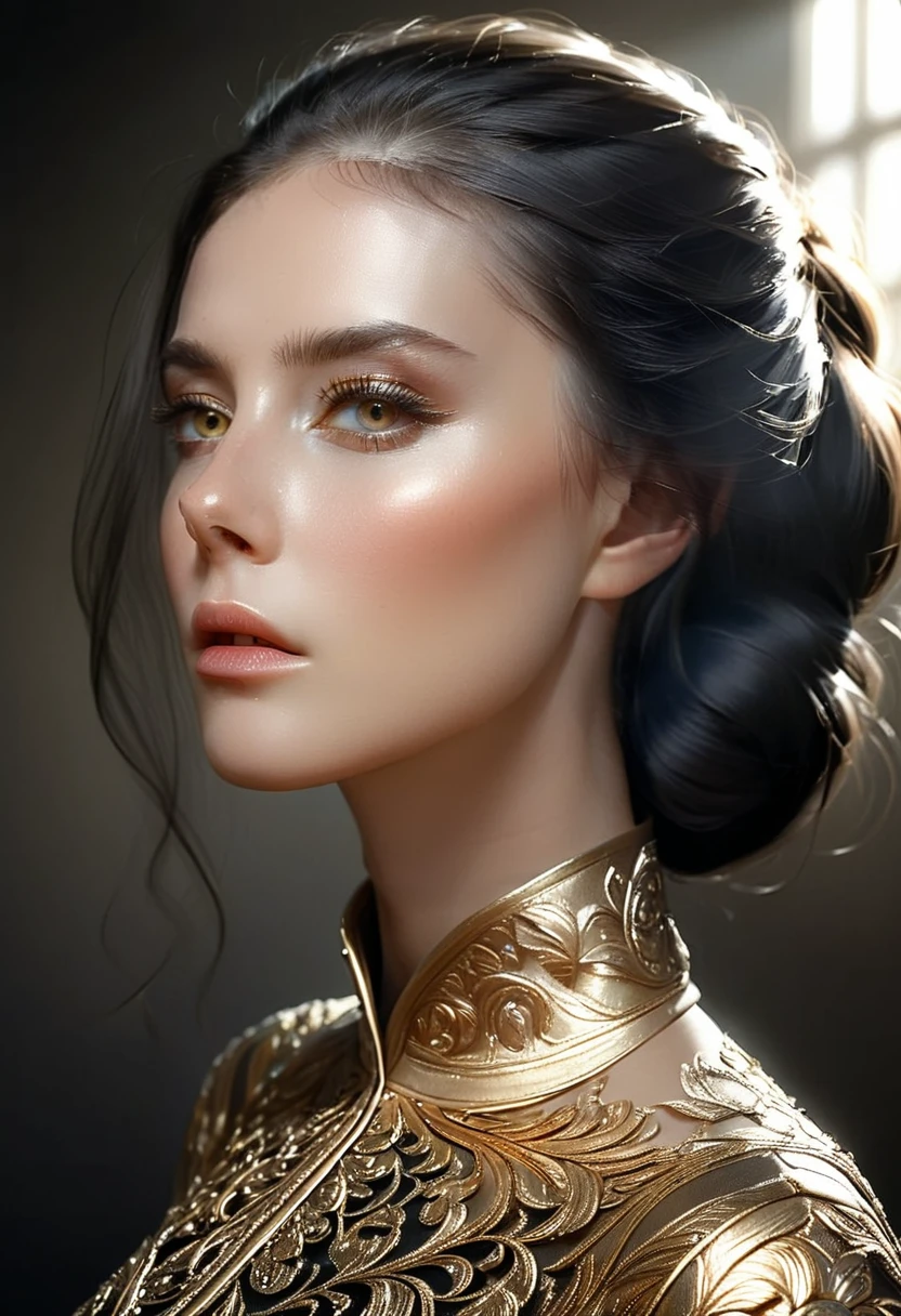 a beautiful detailed girl with glowing skin, long dark hair, stunning eyes, elegant facial features, a proud expression, intricate clothing, posing gracefully in a dramatic chiaroscuro lighting environment, digital art, cinematic lighting, cinematic composition, highly detailed, hyper realistic, photorealistic, unreal engine, 8k, intricate details, impeccable rendering, masterpiece, award winning