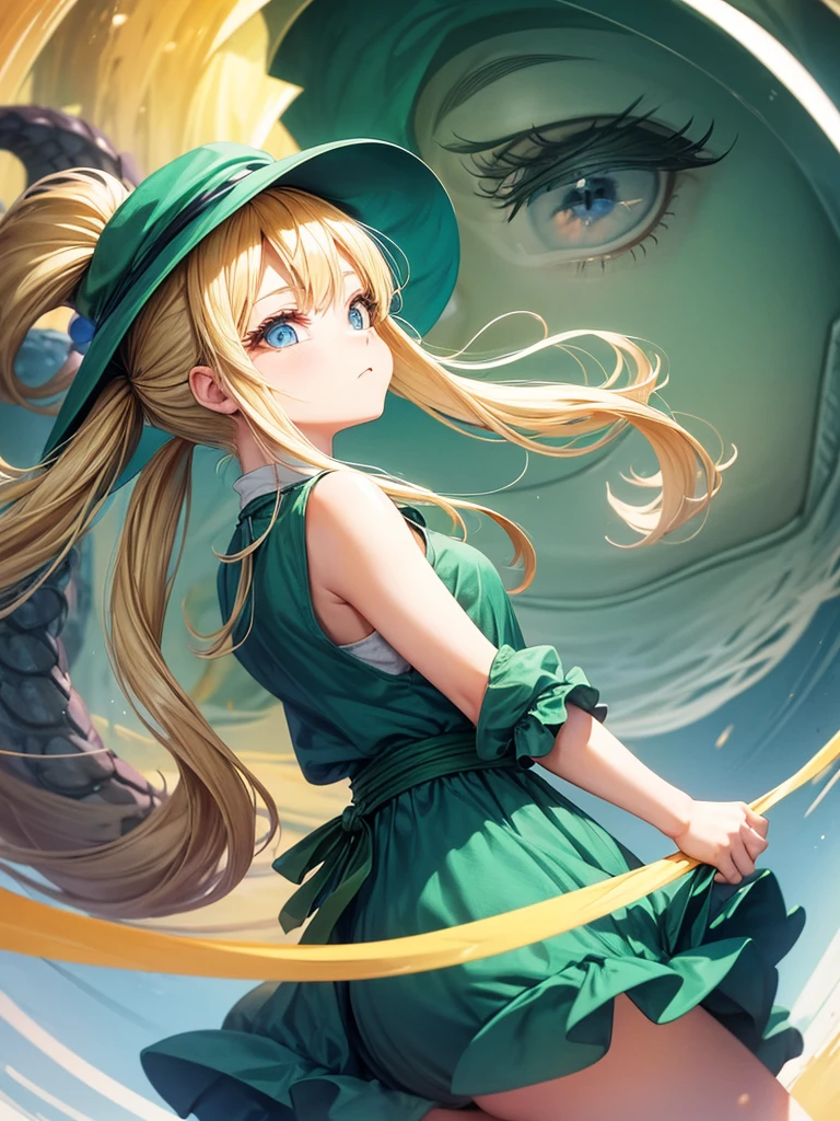 an adult girl, blond hair, two low blonde pigtails, blue eyes, green jumpsuit dress, a green hat on his head, type photo for profile, all with the design and style of Dragon Ball