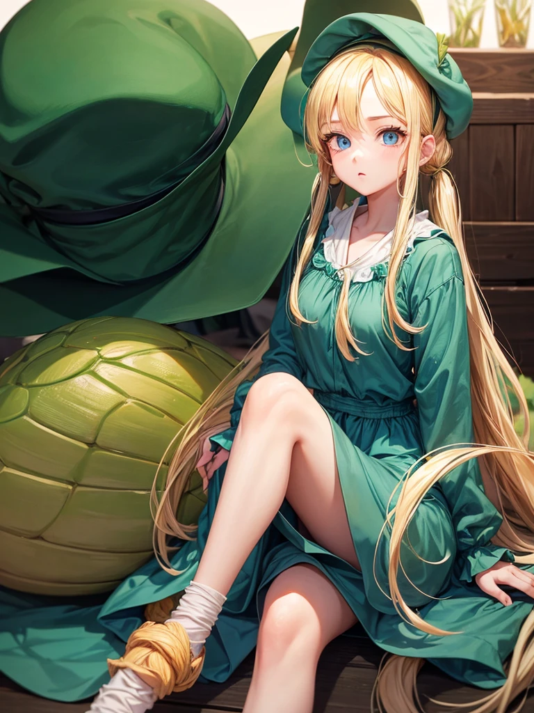an adult girl, blond hair, two low blonde pigtails, blue eyes, green jumpsuit dress, a green hat on his head, type photo for profile, all with the design and style of Dragon Ball