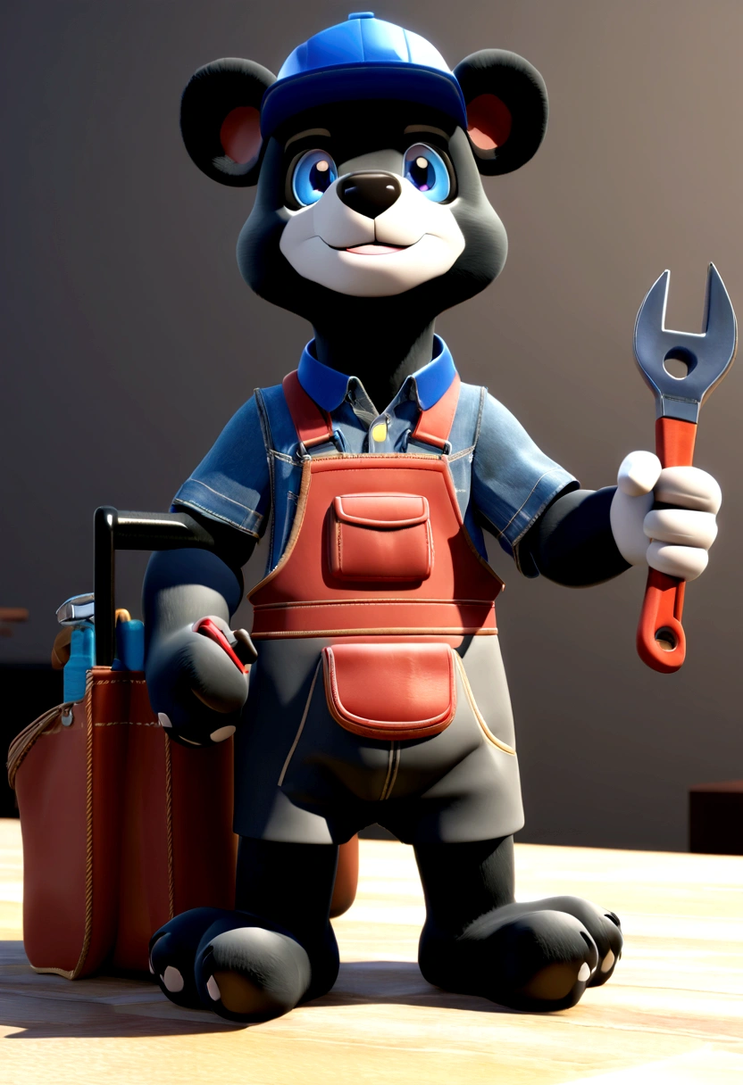a Disney Pixar movie poster showing a cute black bear smiling. The black bear is dressed as a handyman and is furry. The black bear also has a bright blue collar around its neck and has colored eyes. The black bear is also holding a wrench on its left hand and a tool bag on its right hand. The background is white. 3D-rendering