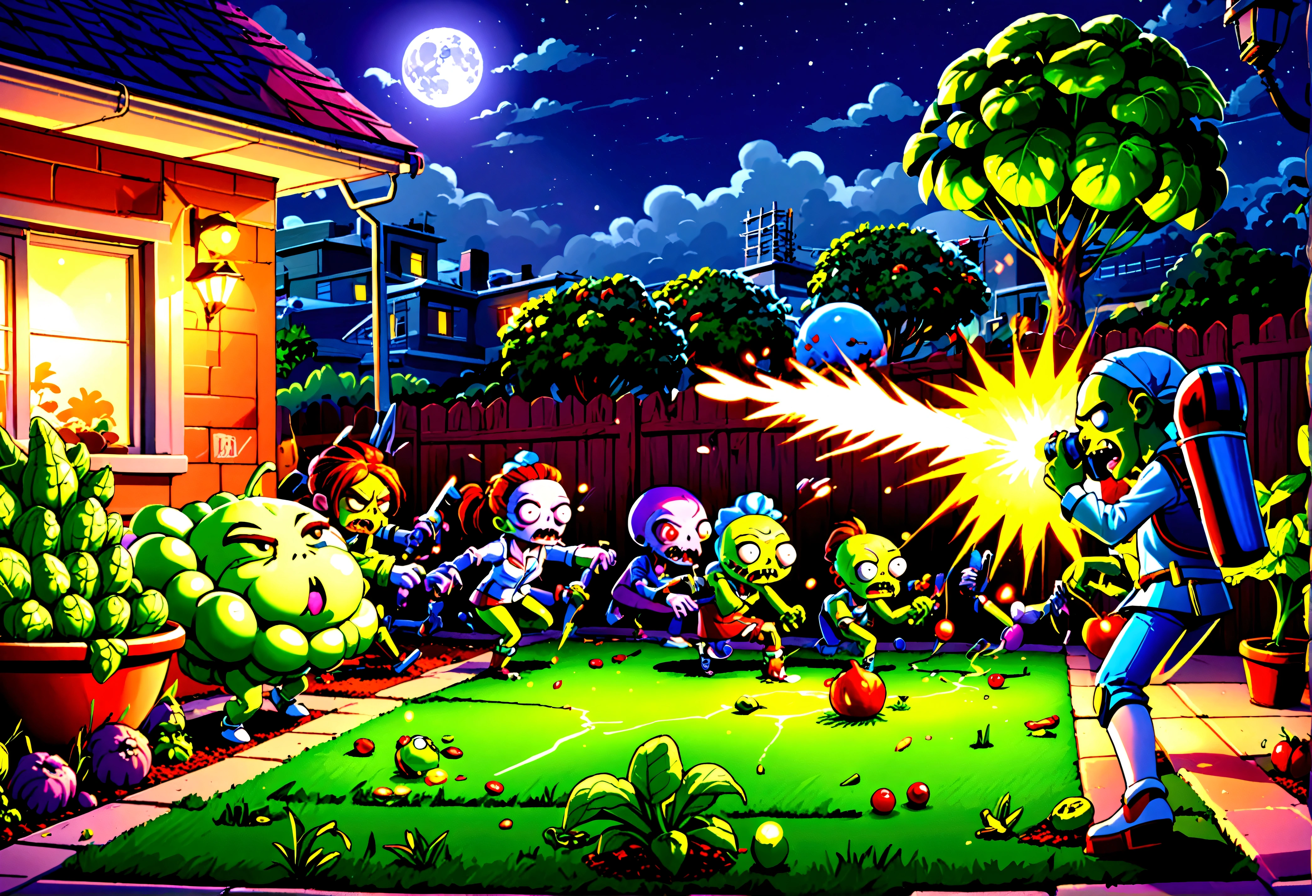 (16 bit video game) cartoonish battle field (Noble vegetable army) shoots at the charging zombie horde. Back yard garden, moonlit night, epic battle plants vs. zombies
