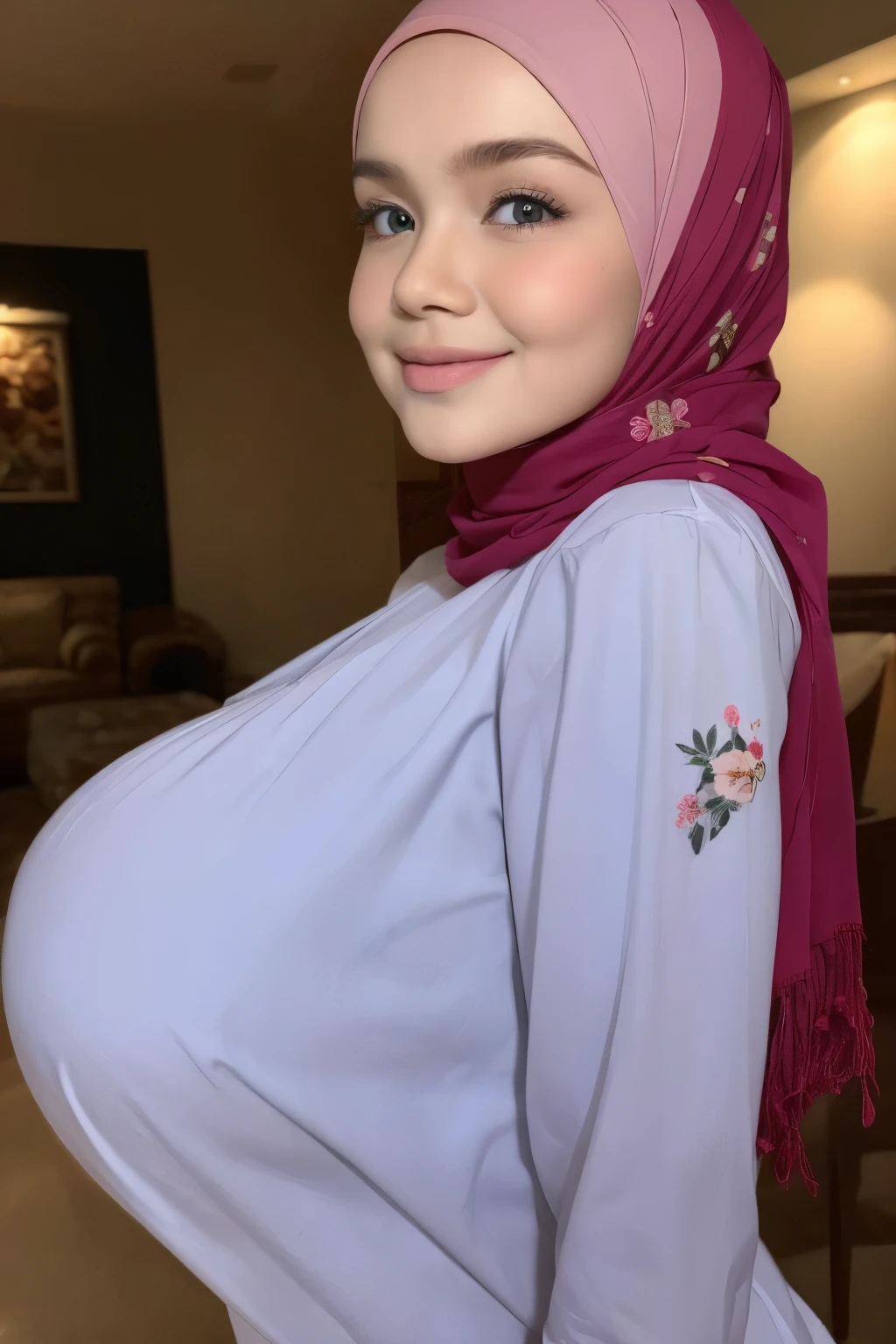 Chubby adorable, 1 girl, (face to face), , baby face, hf body portrait, (face details: 1), (eye details: 1), ((big breasts)). wearing transparent transparency soft soft long shirt, hijab, .. Cute posed. proportional body. Ultra High Res. realistic: 1.4, UHD, (floral pattern), view from side seductive pose