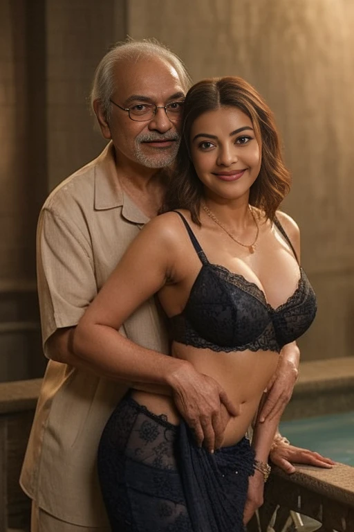 Day scene,kajal and Oldman, Indian black old man, couple pose, a Oldman and kajal in under the water fall, black lace bra and saree, detailed old man, old man gripping kajal waist,big cheeks, curvy, Hollywood lips, wet navel, deep cleavage, necklace, erotic face, 36 yo, ponytail, look at viewer and smile, (cinematic:1.3), intricate details, (ArtStation:1.2),Oldman and beautiful girl posing to viewers, detailed Oldman, old man waist gripping, romantic pose,