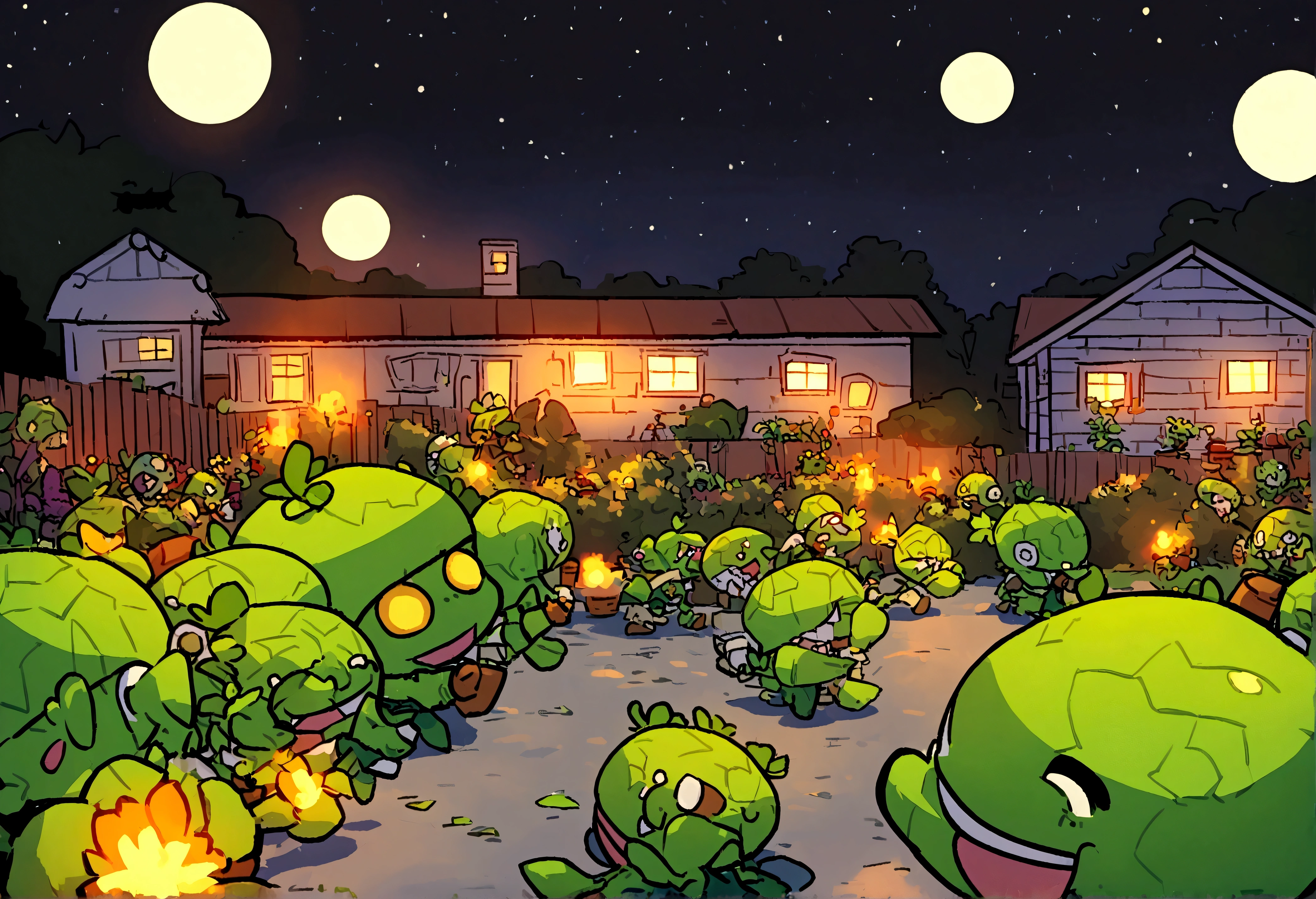(16 bit video game) cartoonish battle field (Noble vegetable army) shoots at the charging zombie horde. Back yard garden, moonlit night, epic battle plants vs. zombies
