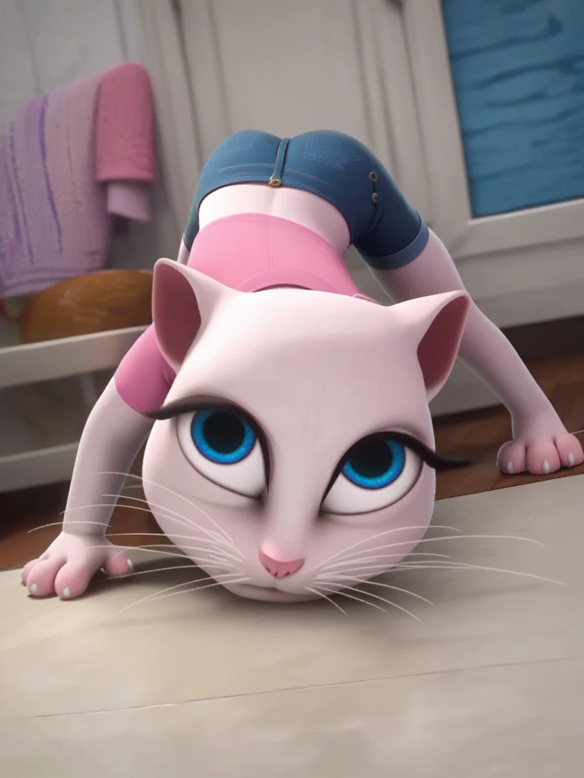 solo focus, a_la, 1girl, cat, white fur, long whiskers on both sides of face, large bright blue eyes, large black eyelashes, small pink nose, triangular ears with pink channels, jack-o pose, short jeans, looking back, score_9, score_8_up, score_7_up,