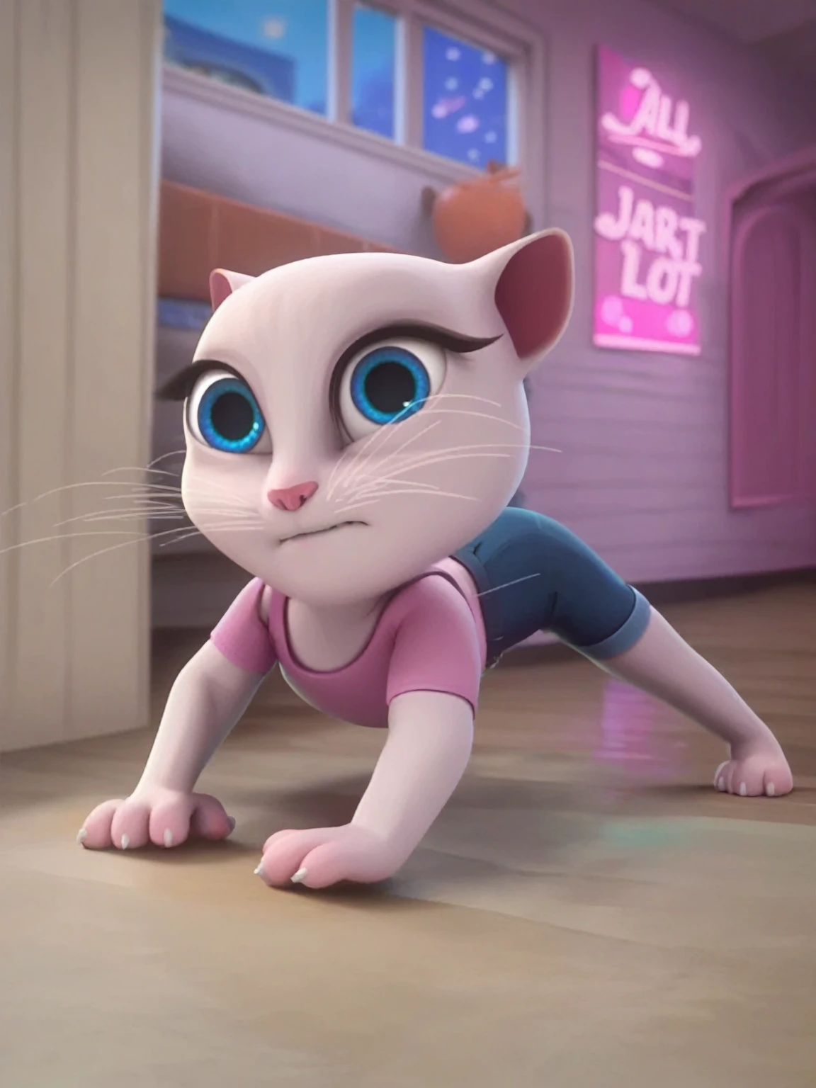 solo focus, a_la, 1girl, cat, white fur, long whiskers on both sides of face, large bright blue eyes, large black eyelashes, small pink nose, triangular ears with pink channels, jack-o pose, short jeans, looking back, score_9, score_8_up, score_7_up,