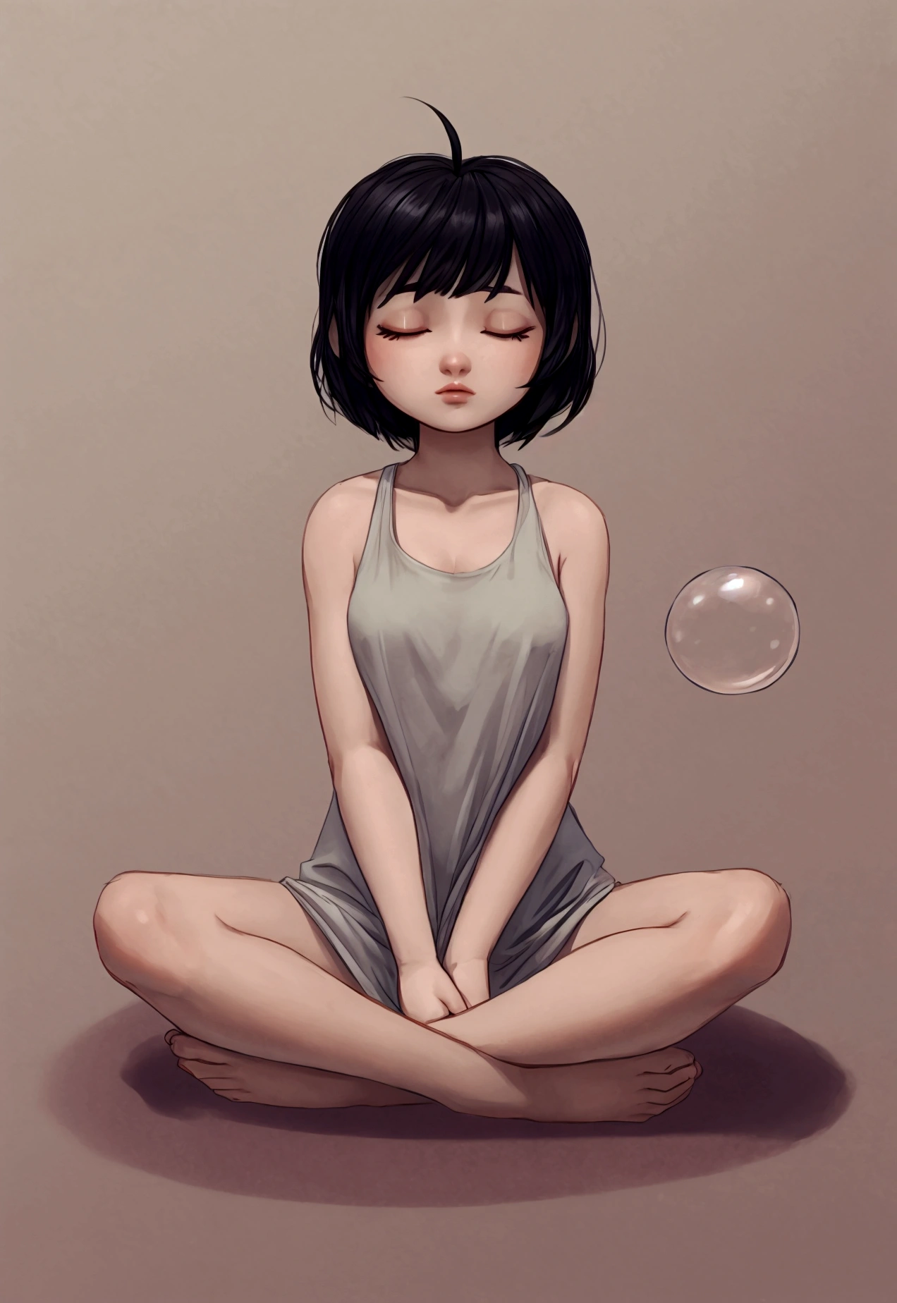 1 girl, short hair, black hair, Closed eyes, in a floating bubble in a meditation position