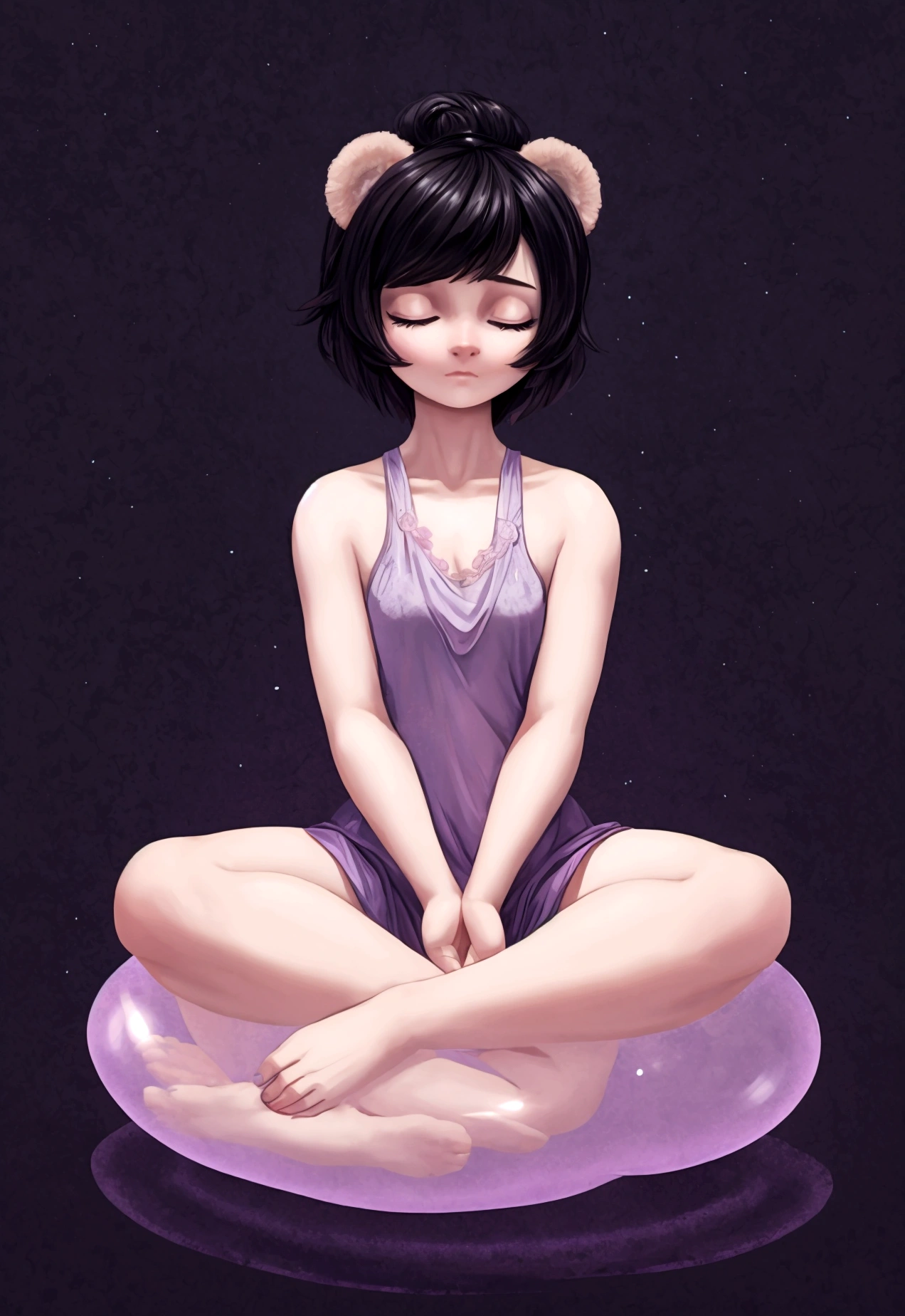 1 girl, short hair, black hair, Closed eyes, in a floating bubble in a meditation position 
