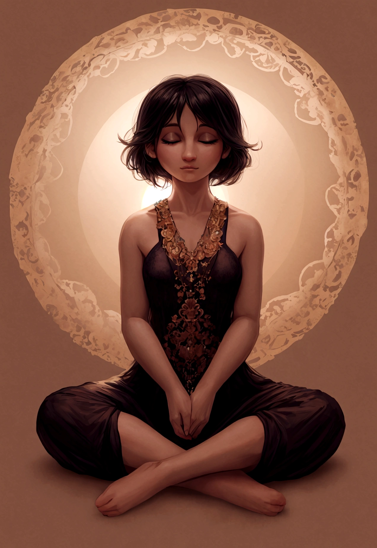 1 girl, short hair, black hair, Closed eyes, in a floating bubble in a meditation position 