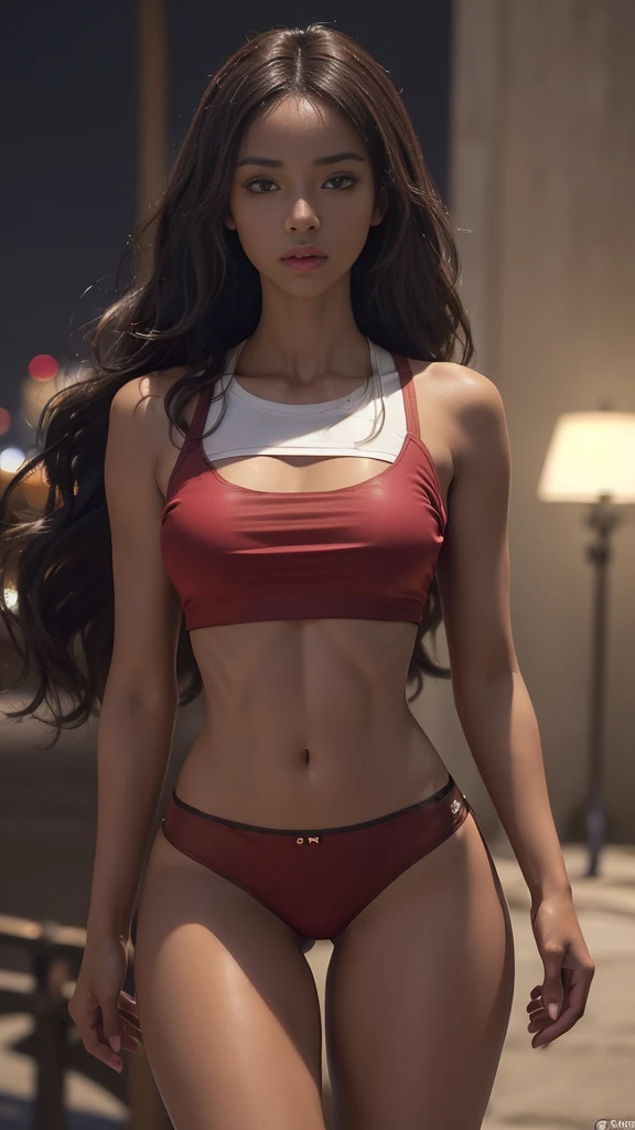 ((Realistic lighting, Best quality, 8K, Masterpiece: 1.3)), ((Clear focus: 1.2)), 1 girl, ((Perfect Figure: 1.4)), ((Slim Abs: 1.1)), See through, tight clothing, ((african, dark skin, tanned brunette girl, wavy hair)), (panties: 1.4), (Red crop top: 1.4), (Outdoor, Night: 1.1), City streets, Super fine face, Fine eyes, Double eyelids,