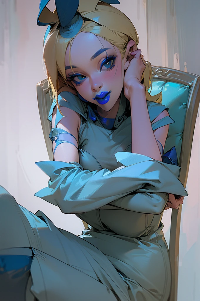 1girl, blue lingerie, ((blue lipstick:1.5)), green eyes, blonde hair, thin body type, pin-up pose, chair, cozy environment, character design, white background, fullbody, tease, cute girl,