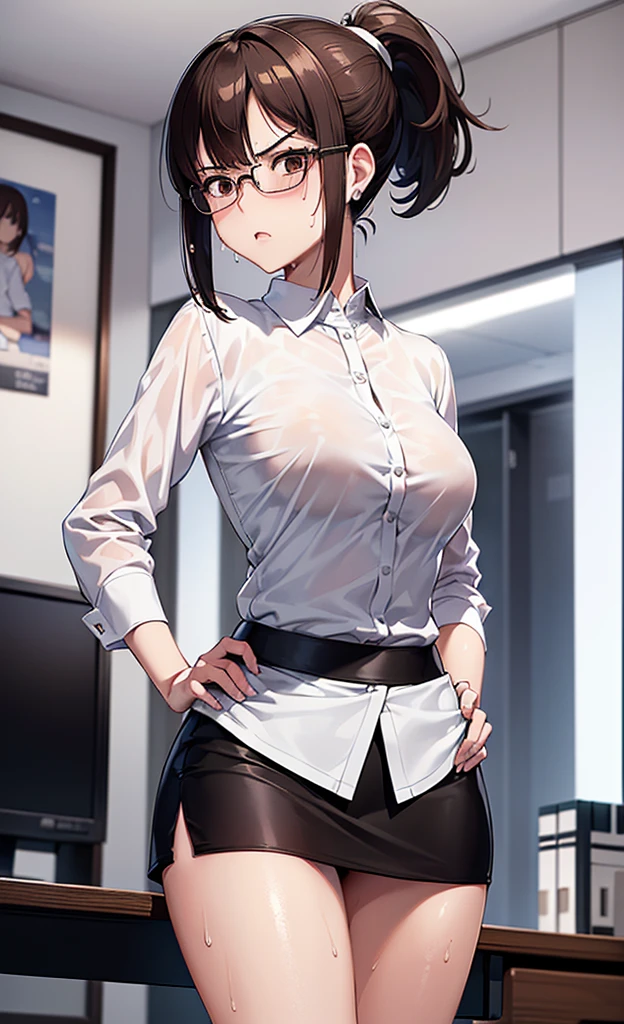 masterpiece, best quality, ultra detailed, ultra high resolution, very detailed face, solo, ((raw photo)), 22 years old japanese woman, (((office lady, white blouse))), (((black short tight skirt))), glasses, ((brown bob hair, ponytail)), (((medium breast))), ((little angry)), ((sweat:1.3)), ((hands on the hip)), in the night bedroom