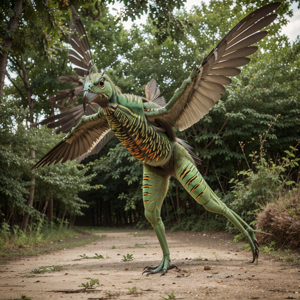 Realistic photo depicts a digitally altered creature that appears to be a combination of a bird and a grasshopper. The head and upper body resemble that of a bird with green and orange feathers, and it has large, prominent eyes. The lower body transitions into that of a green grasshopper, with segmented sections, multiple legs, and what looks like wings ready for flight. This creature is standing on what seems to be a gravel path with vegetations in the background.