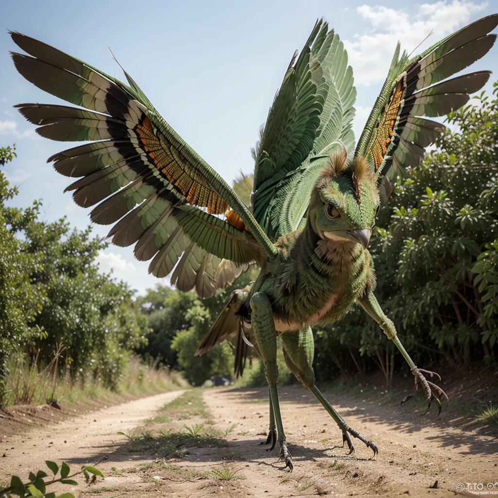 Realistic photo depicts a digitally altered creature that appears to be a combination of a bird and a grasshopper. The head and upper body resemble that of a bird with green and orange feathers, and it has large, prominent eyes. The lower body transitions into that of a green grasshopper, with segmented sections, multiple legs, and what looks like wings ready for flight. This creature is standing on what seems to be a gravel path with vegetations in the background.