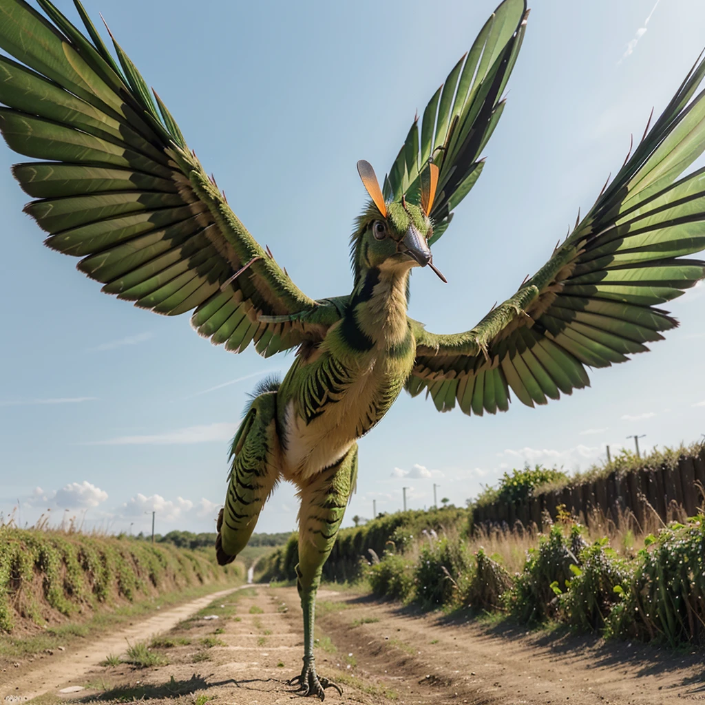 Realistic photo depicts a digitally altered creature that appears to be a combination of a bird and a grasshopper. The head and upper body resemble that of a bird with green and orange feathers, and it has large, prominent eyes. The lower body transitions into that of a green grasshopper, with segmented sections, multiple legs, and what looks like wings ready for flight. This creature is standing on what seems to be a gravel path with vegetations in the background.