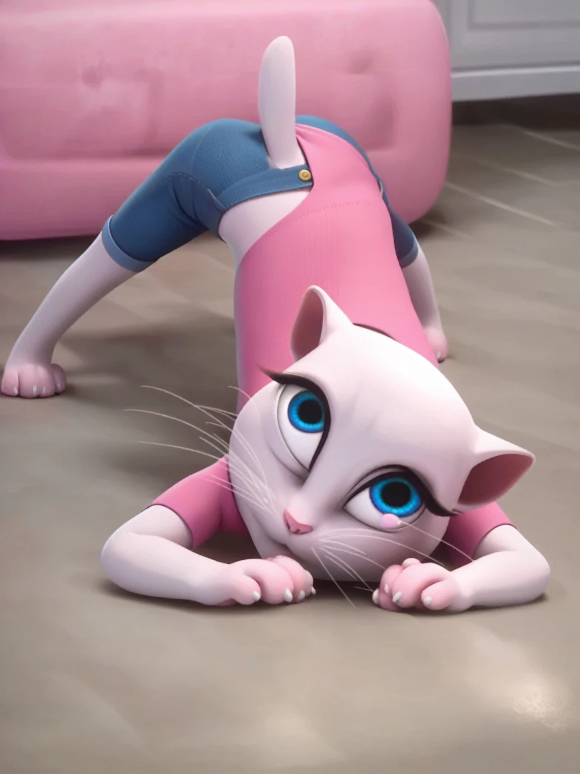solo focus, a_la, 1girl, cat, white fur, long whiskers on both sides of face, large bright blue eyes, large black eyelashes, small pink nose, triangular ears with pink channels, jack-o pose, short jeans, looking back, score_9, score_8_up, score_7_up,