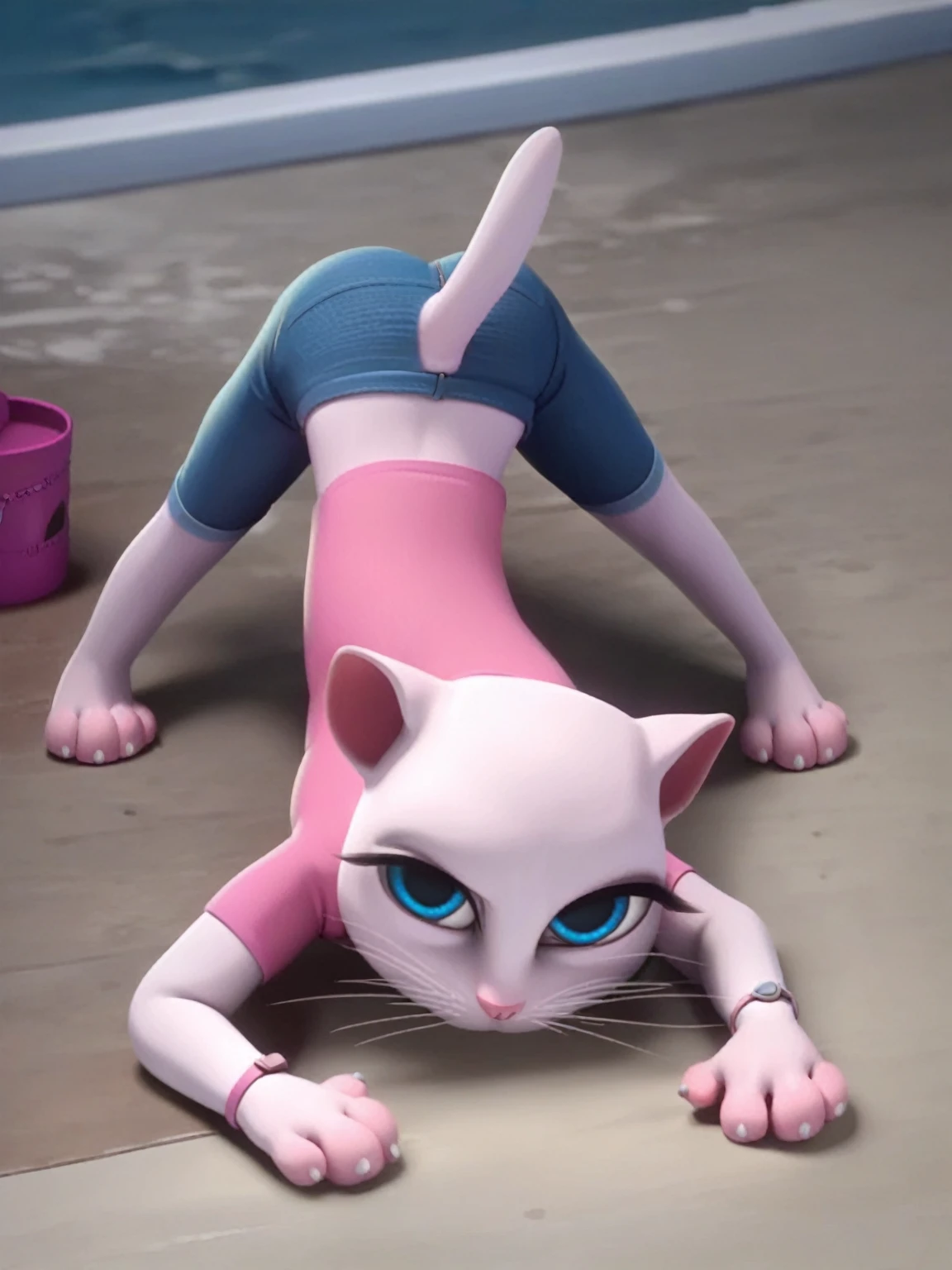 Alone, talking Angela, Snake, White skin, long mustaches on both sides of the face, Big bright blue eyes, big black eyelashes, Small pink nose, triangular ears with pink channels, feline tail, looking at the viewer,  ass focus, trespass, naked, penis being penetration , penis in her pussy, Bermuda, score_9, score_8_above, score_7_above,