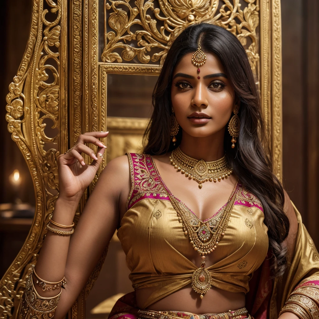 intricate detailed portrait of an Indian woman, beautiful young woman, wearing colorful and short traditional Indian clothes, ornate jewelry, detailed face with stunning eyes, lush and vibrant colors, dramatic lighting, detailed background, (best quality,4k,8k,highres,masterpiece:1.2),ultra-detailed,(realistic,photorealistic,photo-realistic:1.37),vibrant colors,cinematic lighting,intricate details,ornate patterns,dramatic composition